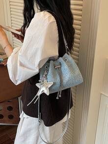 1pc Solid Color Washed Denim Fabric Rivet Embellished Bucket Bag With Pendant, Metal Chain Drawstring Buckle, New Fashion Casual Women's Mini Shoulder Bag - Blue - View 4