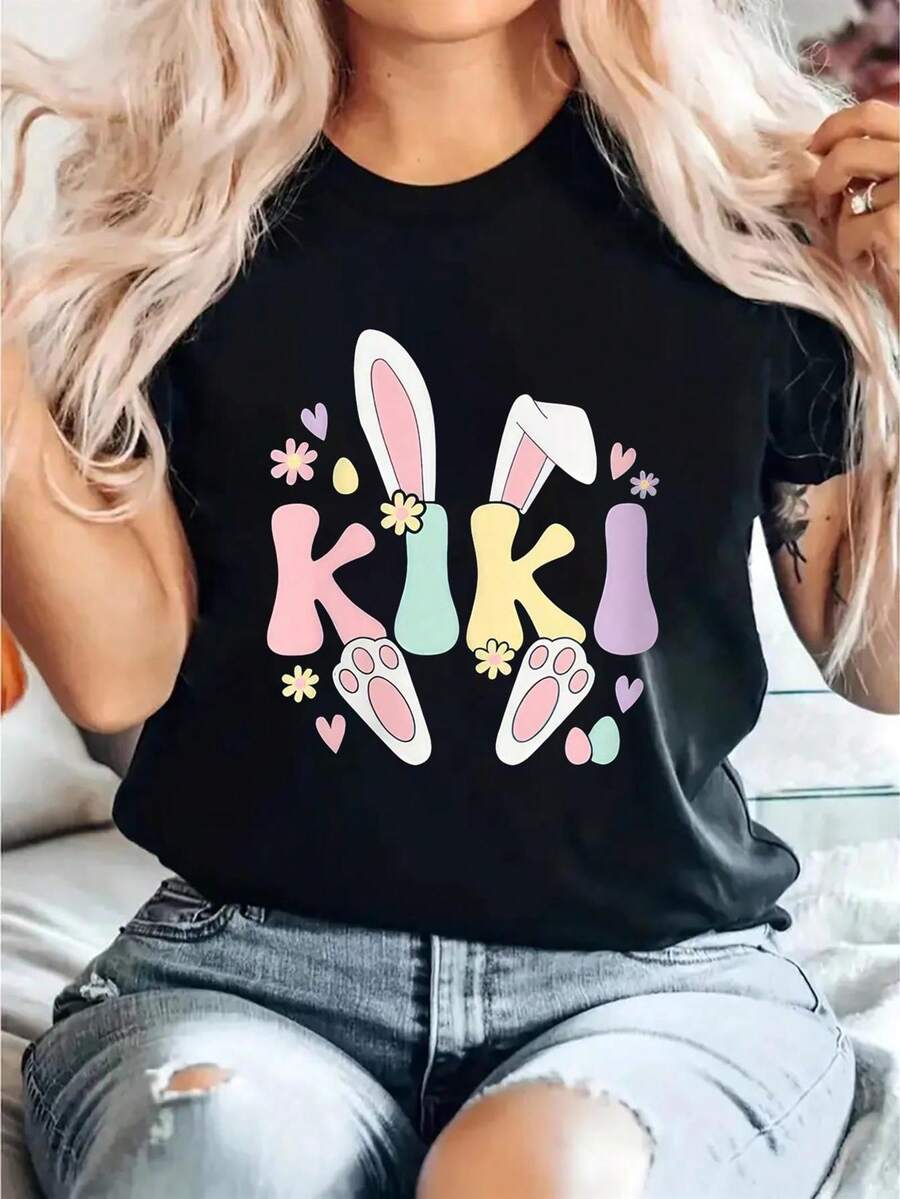 Camiseta de anime de conejo de Pascua de Kiki de mujer - Slim Fit manga corta cuello de tripulación con orejas de conejo negras y diseño de impresión de patas, blusa de verano de primavera suave para traje casual y trajes de Pascua
