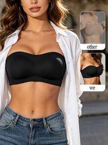 Women Strapless Bras Backless Wireless Bralette Black Non-Slip Silicone Soft Padded Cups Bandeau Removable Padding Underwear Intimates Tube Top - Black - View 8