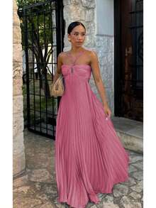 Women's Pleated Halter Neck Maxi Dress, Crisscross Straps Cutout Waist Evening Gown - 粉紅色 - 查看 4