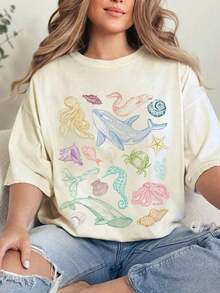 Camiseta de mujer de verano con cuello redondo y estampado de vida marina playeras de mujer algodon - Estilo IV - Ver 1