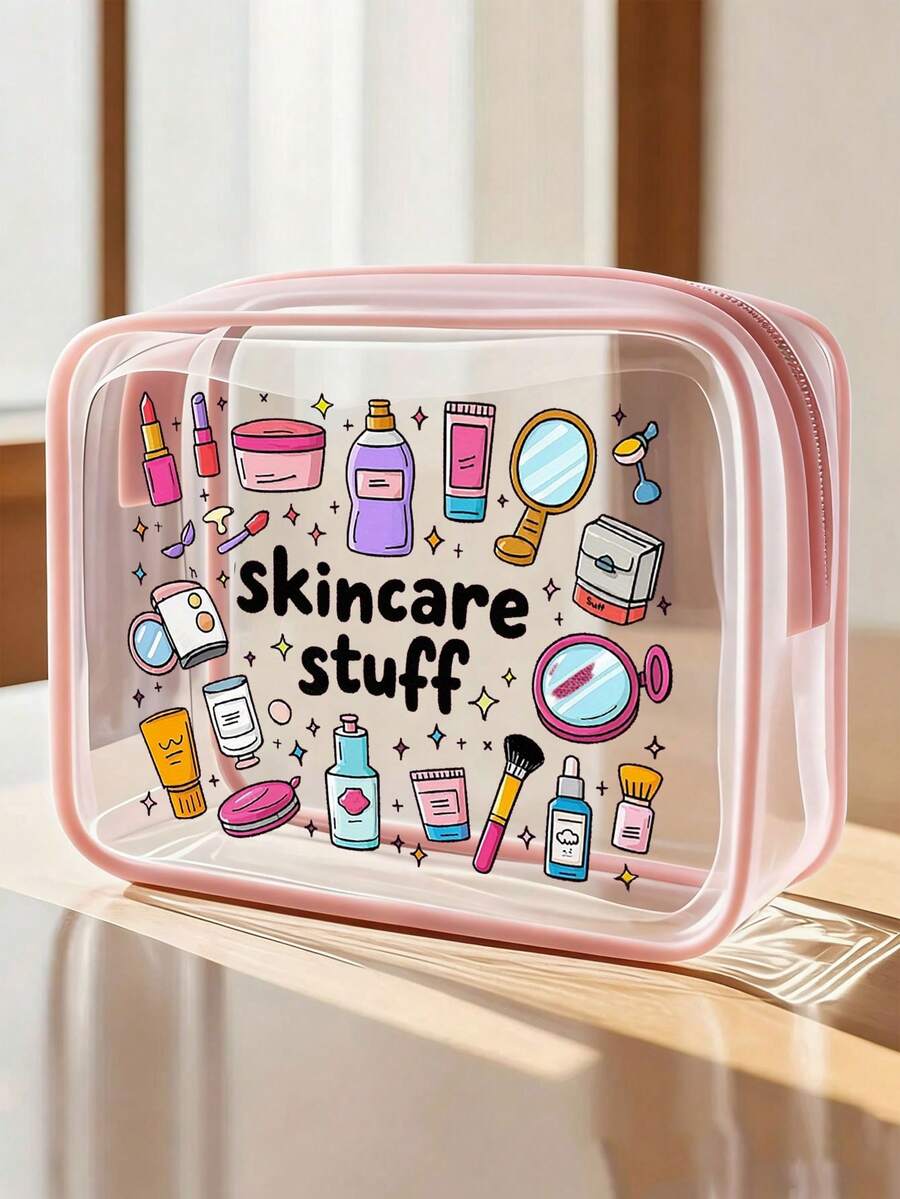 「Skincare Products」字母印花 PVC 化妝收納袋,拉鍊密封 PVC 旅行收納袋,便攜化妝盒,適合母親、老師、朋友、護理師,開學假期必備 - 彩色 - 查看 1