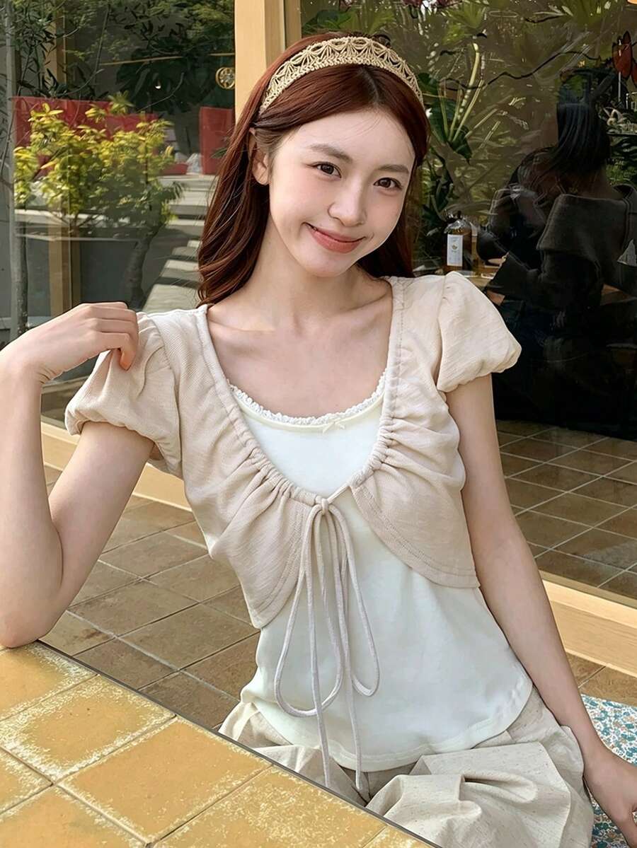 撞色绳结二合一短袖T恤,女士露脐蝴蝶结上衣,夏季休闲款 - 藕粉色 - 查看 1
