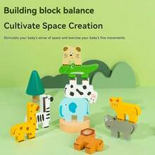 Animal Tower Stacking Blocks, Children Hand-Eye Coordination & Balance Training, Concentration & Intelligence Development Tabletop Game, Wooden Building Blocks Stacking Toy For Parent-Child Play - 彩色 - 查看 3