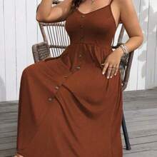 Plus Size Women's Simple Solid Color Spaghetti Strap Dress, For Christmas Maxi Women Outfit - Marrón - Ver 1