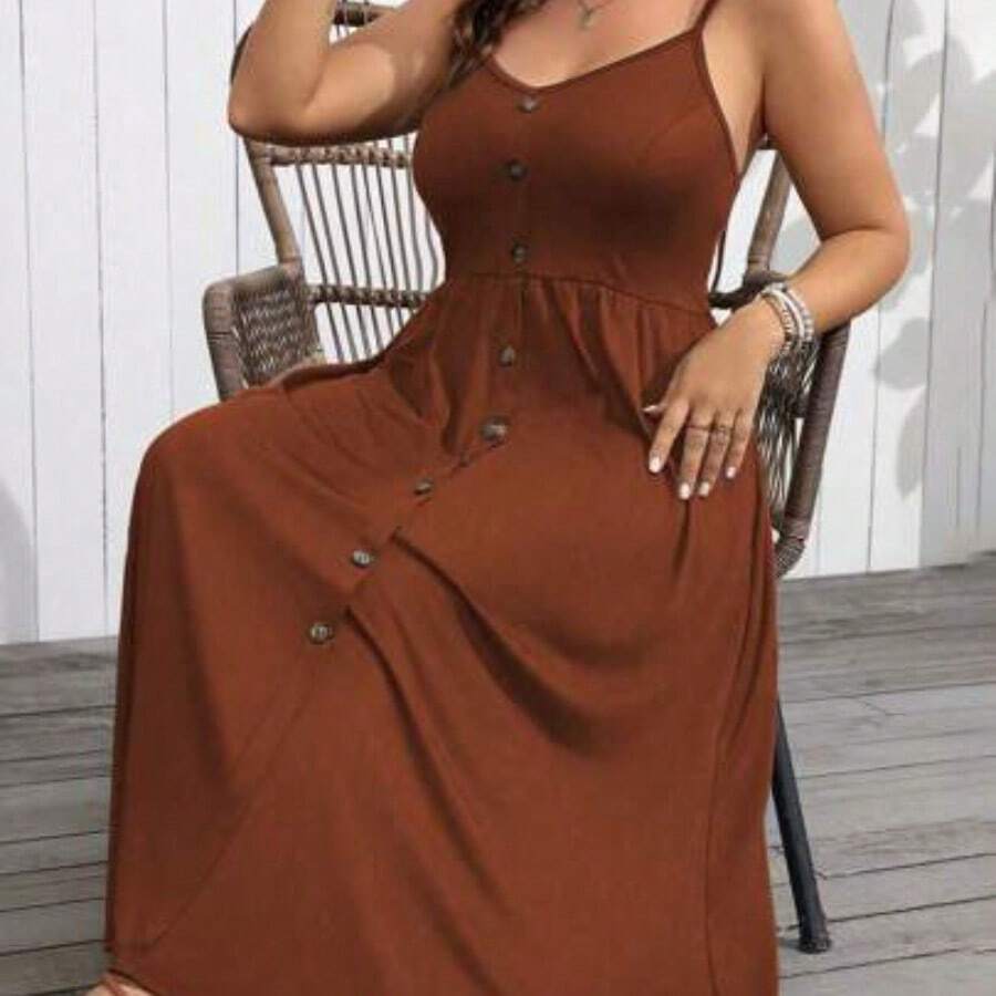 Plus Size Women's Simple Solid Color Spaghetti Strap Dress, For Christmas Maxi Women Outfit - Marrón - Ver 1