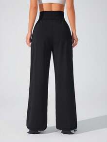 1 قطعة بنطلون رياضي نسائي بتصميم بسيط على شكل حرف V رافع مستقيم بساق واسعة مطبوع عليه حرف مع خصر مطاطي للربيع - الأسود - مشاهدة 2
