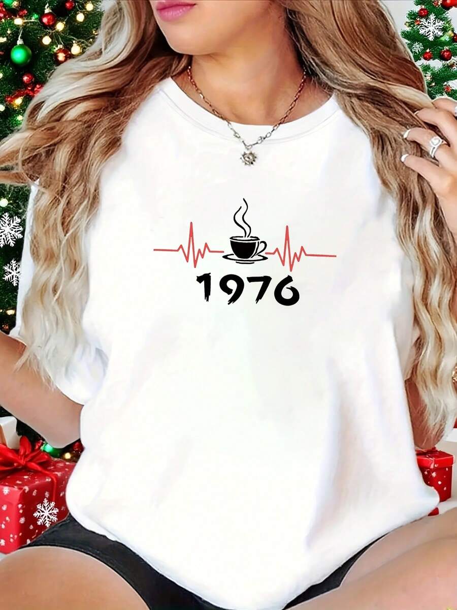 Women's Vintage ECG And Coffee Print T-Shirt - Short Crew Neck Casual Top With ECG Graphic And "Heartbeats Coffee Flavor" Design, Washable For Parties, Casual Outfit - All Season White Blouse Fit - 白色 - 查看 1