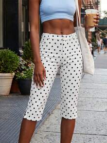 Pantalones de punto Polka para mujeres, pantalones de punto delgado de cintura baja, pantalones de punto blanco y negro casuales y pantalones de costura de rodilla, adecuados para el Fitness diario y el ejercicio. - Blanco marfil - Ver 5