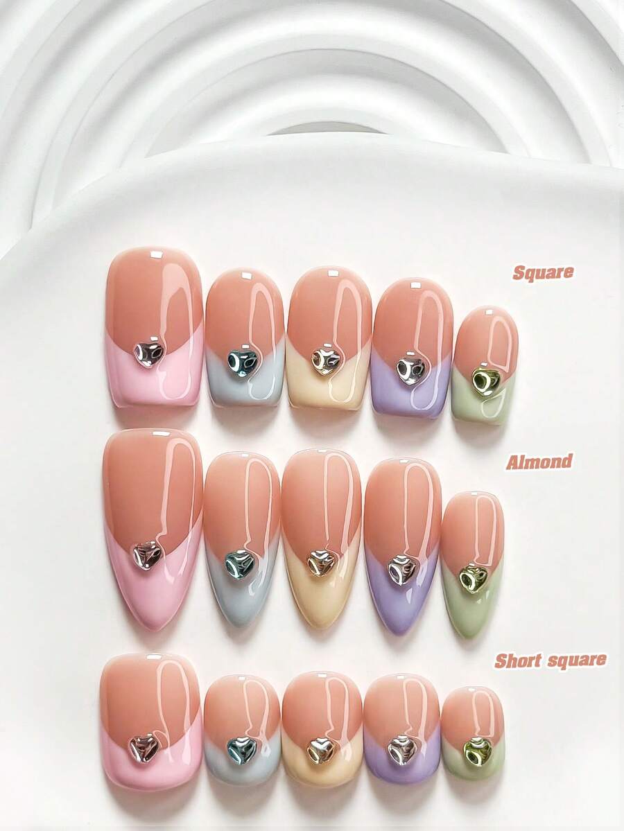 10片甜美風手工穿戴甲,Polygel美甲套組,彩色愛心水鑽,黃色、紫色與綠色指甲油,清新法式風,附美甲工具,3種尺寸可選,方型、短方型、杏仁形,適合派對、舞蹈、日常佩戴 - 彩色 - 查看 1