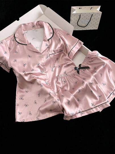 Women's Satin Pajama Set, Matte Silk Soft Casual Sleepwear, Bow Print Button Front Pocket Bow Tie Short Sleeve Top And Shorts, Summer