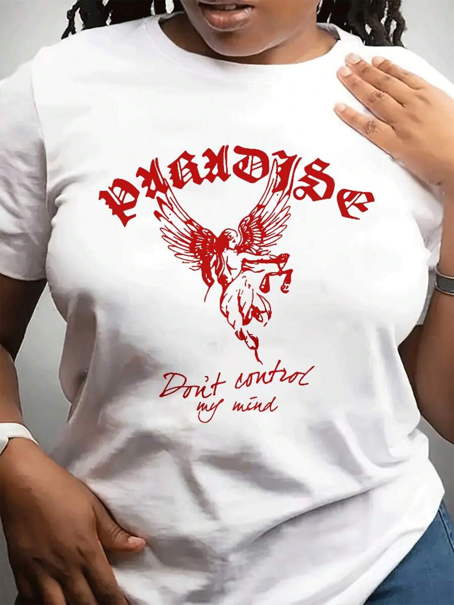 Camiseta casual de moda de cuello redondo de las señoras corto Sved Top se puede usar para Dailpor. Destacado patrón de ángel impreso es adecuado para amigos, familia y día Gif