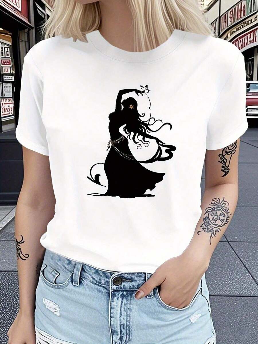 Women's 1-Piece Ballerina Silhouette Print Shirt | Short Crew Neck, Casual And Fashionable Top, Elegant Party Outfit, Christmas And Autumn Clothing, Soft Material, Crew Neck Sweatshirt - 白色 - 查看 1