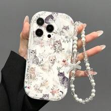 Set de 2 piezas (Funda de teléfono con estampado de gato acuarela y floral + Pulsera con lazo), Funda protectora de teléfono transparente con textura de crema, impresa en 2D, hecha de material TPU, con protección completa de la cámara, anti-golpes y anti-caídas, diseño lindo y fresco, adecuada para iPhone, A60, Galaxy, Edge 50, A5, gran regalo para amigos, parejas o familiares en cumpleaños - transparente - Ver 2