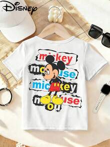 Disney Licensed Mickey Mouse With Stacked "Mickey Mouse" Text Double-Sided Print Kids' T-Shirt, Classic Cartoon Casual Tee, Perfect For Daily Wear, School Activities, Family Outings And Weekend Trips, Shipped From Local Warehouse - 白色 - 查看 2