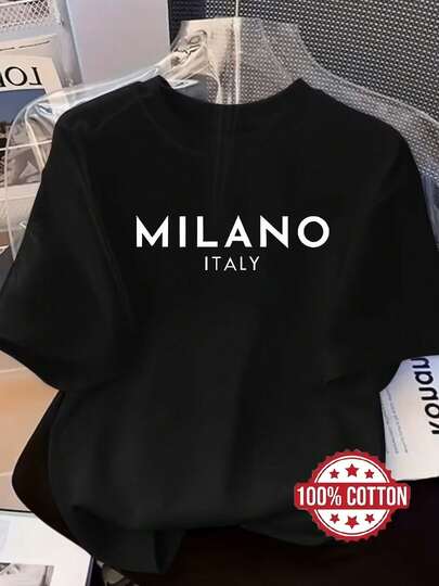2026 New Arrivals TH164 Women's Milan Letter Print Fashion T-Shirt, 100% Round Neck Short Sleeves, Loose Drop-Shoulder Design, Sweat-Absorbent And Breathable, Casual And Comfortable Home Wear, Can Be Worn As A Base Layer In Autumn And Winter, Or As Outerwear In Spring And Summer, Versatile Short-Sleeve, Breathable And Sweat-Absorbent Sports T-Shirt Summer Outfit For Women