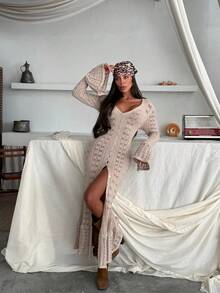 Women's Solid Color Slit Design Elegant Waist Cinched Vacation Dress - Beige - View 2