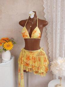 Bellisia 3-Piece Swimsuit Set With Watercolor Floral Print Halter Bikini Top, Side-Tie Bikini Bottom And Sarong Skirt, For Summer Vacation - 多色 2 - 查看 12