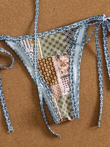 Bộ bikini hai mảnh kiểu chắp vá mới năm 2026 dành cho nữ, áo bikini tam giác xếp nếp màu xanh nhạt họa tiết hoa nhí có dây buộc, quần bikini buộc eo với vòng kim loại bạc, đồ bơi phong cách retro boho cho kỳ nghỉ biển. - Nhiều màu - Xem 5