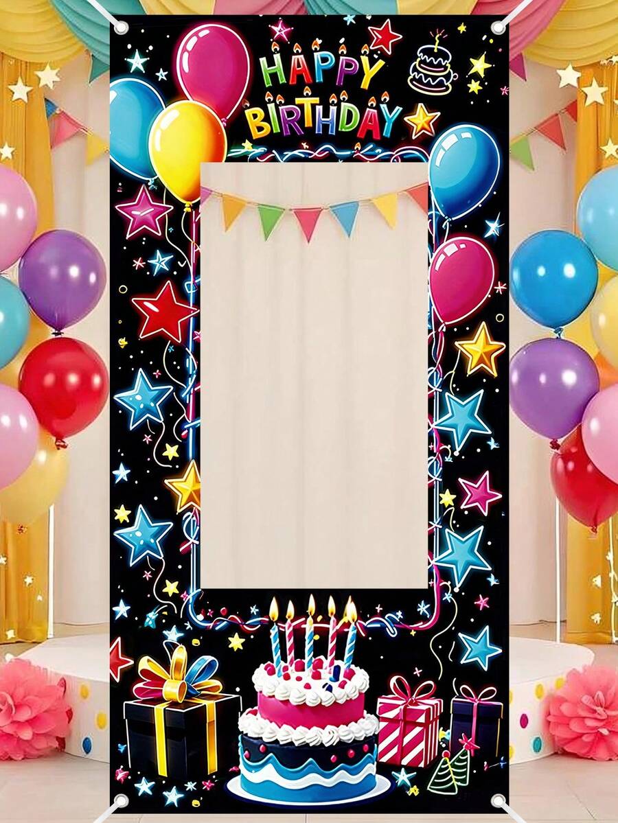 1件 2D 生日派對拍照亭橫幅，霓虹鮮豔氣球與星星圖案生日派對拍照道具，60x120cm 生日快樂攝影背景裝飾，螢光主題生日派對裝飾，相框背景，生日派對用品