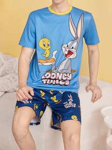 LOONEYTUNES Cartoon All-Over Print Men's Pajama Set, Light Blue Striped Short Sleeve Top And Shorts - Multicolor - View 5