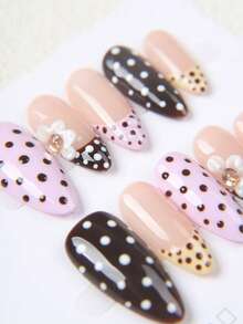 10pcs Handmade Apricot, Brown, Yellow Polka Dot French Manicure 3D Cute Minimalist Luxury False Nails - Multicolor - View 1