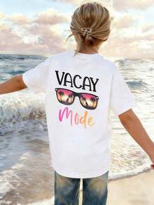 2026 Summer ClothesCasual Coconut Tree Print Round Neck Short Sleeve T-Shirt, Suitable For Boys And Girls, Designed For Summer Students And Children - Beach Resort Style T-Shirt, Inspiring Imagination And Self-Expression! Girls Clothing, Girls Graphic Tee, Summer Top, Girls ApparelLoose And Comfortabletropicoqueta Outfits - 白色 - 查看 2