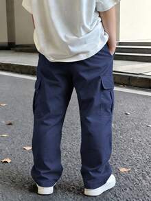 4-7岁男童藏蓝色宽松阔腿工装裤，多口袋休闲户外长裤，四季皆宜 - 藍色 - 查看 3