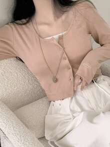 YCYC 韓式純色修身百搭長袖女款開襟衫 粉色 - 粉色 - 查看 4