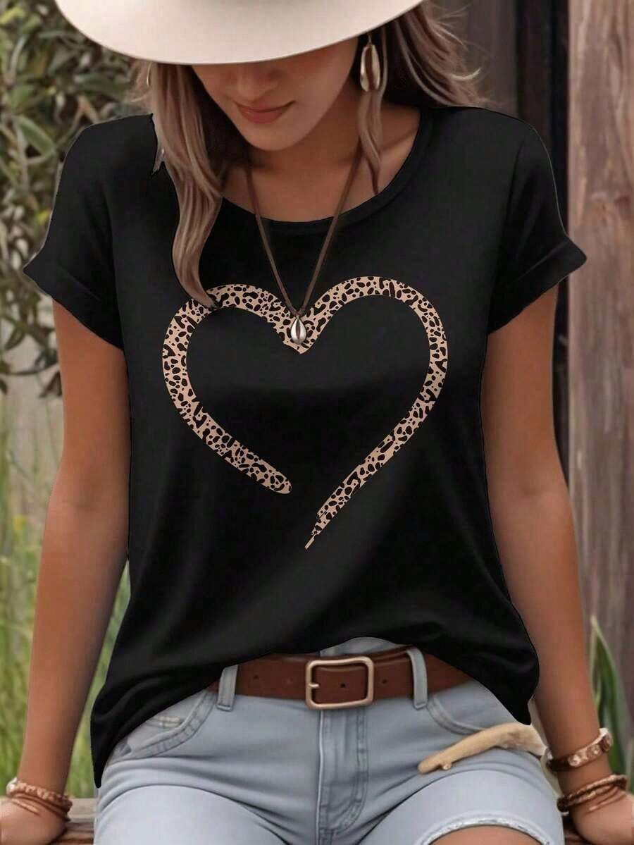 Women's Short-Sleeved, Round-Neck Casual T-Shirt With Heart Print, Perfect For Summer Wear And New Year's Gifts, Printed Blouses For Women. Leisure - 黑色 - 查看 1