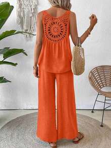Conjunto de top sin mangas y pantalones de pierna ancha con parte posterior de malla de encaje para mujer, color albaricoque, para primavera/verano - Naranja - Ver 2