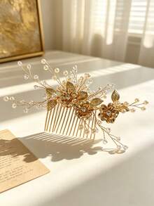 1 pieza Horquilla de pelo hecha a mano con flor 3D de cuentas y hoja dorada, adecuada para peinados de novia/dama de honor, accesorio para sesión de fotos, elegante, para fiestas - Multicolor - Ver 3