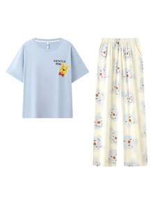 Gongdie Bộ đồ ngủ nữ Disney 2 món, áo tay ngắn và quần dài in hình Winnie the Pooh, đồ ngủ mềm mại thoải mái. - Màu xanh nhạt - Xem 7