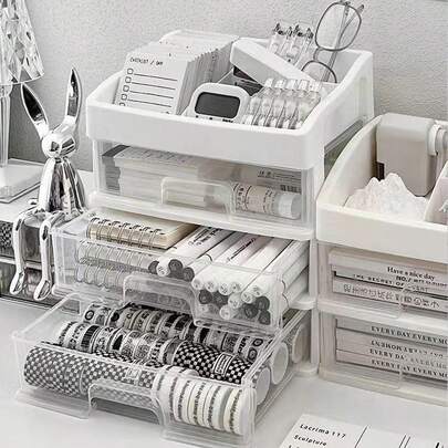 1pc Desktop Makeup Organizer Box, Plastic Storage Rack With Drawers, Vanity Jewelry Box, Transparent Compartment Organizer, Sturdy And Durable, Suitable For Stationery, Skincare, Cosmetics, Jewelry Storage