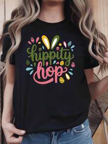Conejo de Pascua y huevo impresión de la mujer camiseta - Hippity Hop eslogan de oído, primavera casual manga corta Top adecuado para las cazas de huevos de Pascua y trajes de primavera - Negro - Ver 2