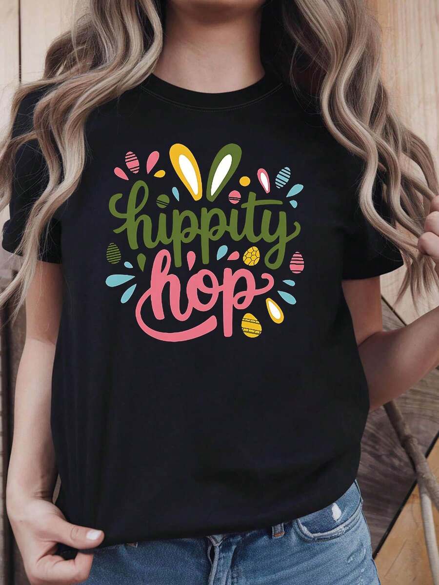 Conejo de Pascua y huevo impresión de la mujer camiseta - Hippity Hop eslogan de oído, primavera casual manga corta Top adecuado para las cazas de huevos de Pascua y trajes de primavera