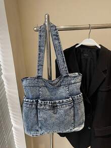 A Minimalist Casual Style Multi-Compartment Women's Tote Bag With A Zipper Closure, A Student Shoulder Bag Suitable For Commuting And Office Use. - Navy Blue - View 6