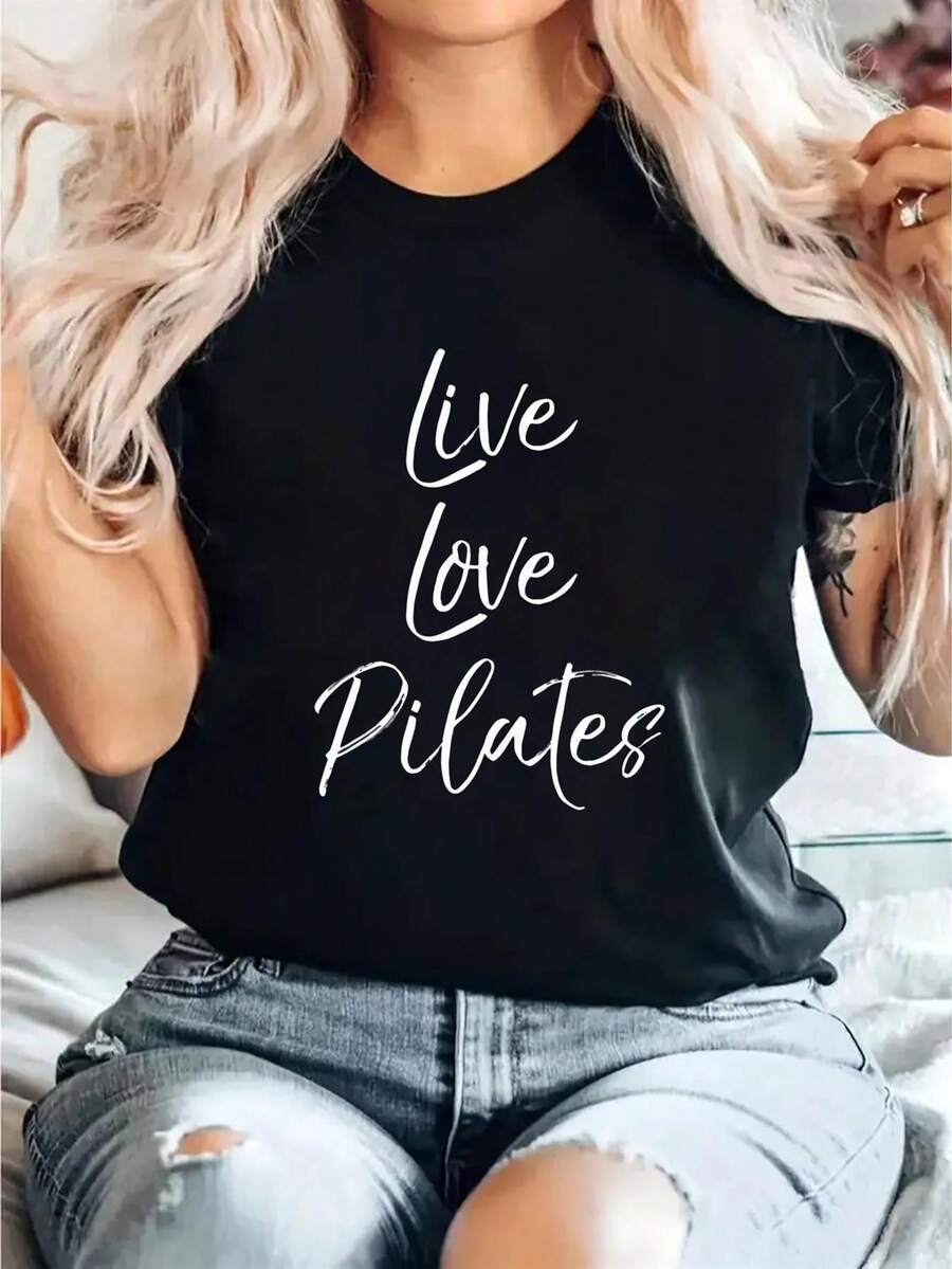 Women'S Live Love Graphic Tee - Soft And Lightweight Crew Neck T-Shirt, Casual Short Sleeve Top For Spring And Summer, Black With White Letter Print, Apparel Graphic Print Tee With Smooth Texture, Ladies' T-Shirts - 黑色 - 查看 1