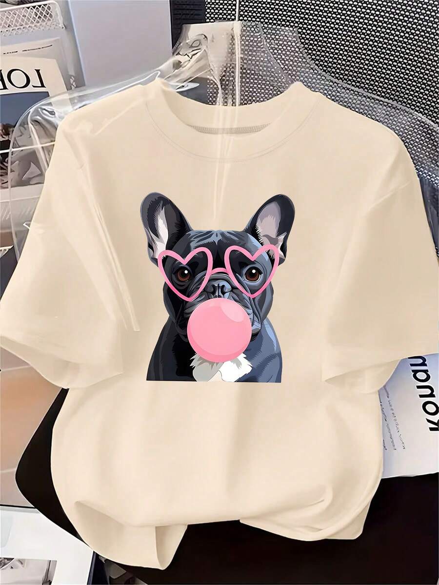 Plus Size, Women's Summer New Arrival T-Shirt With Short Sleeves, Featuring A Cartoon Print Of A -Gray French Bulldog Wearing Pink Heart-Shaped - 杏色 - 查看 1