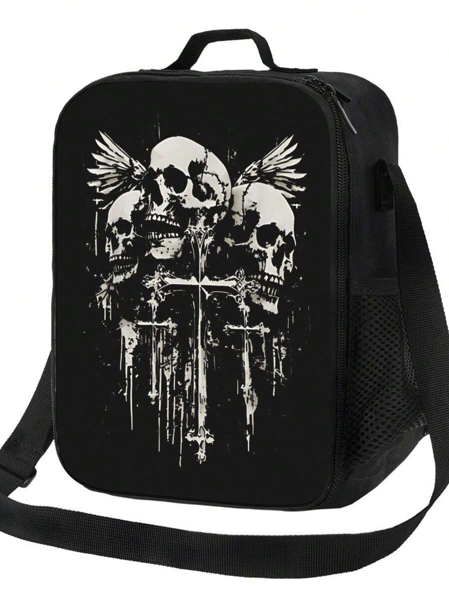 Skull Cross Y2K Goth Alt GrungeTheme Lunch Box - Thermal Insulated Lunch Bag, Oxford Cloth Reusable Cooler Tote, Durable Lunch Box Carrier With Mesh Pocket For Work, Office, Picnic & Everyday Commute - màu đen - Xem 1