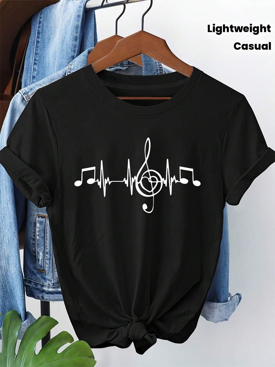 Wo'S Black T-Shirt With Musical Note And ECG Line Print | Casual Crew Neck Short Sleeve T-Shirt For Spring/Summer, Music Festival Style, Lightweight Fabric, Music Festival Wear | Casual Style Top | Glossy Textured Shirt - Black - View 1
