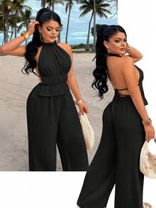 Amarilo Women's Vacation Sexy Ruched Tie Waist Backless Camisole + Wide Leg Pants Set Black Summer - Black - View 1