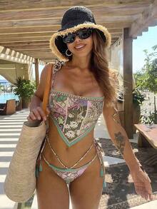 Nuevo traje de baño tipo bikini elegante y sexy con estampado floral verde en estilo bohemio con lazos, estampado floral vibrante con ribete en contraste, conjunto de bikini para fiesta en la playa y vacaciones - Multicolor 4 - Ver 1