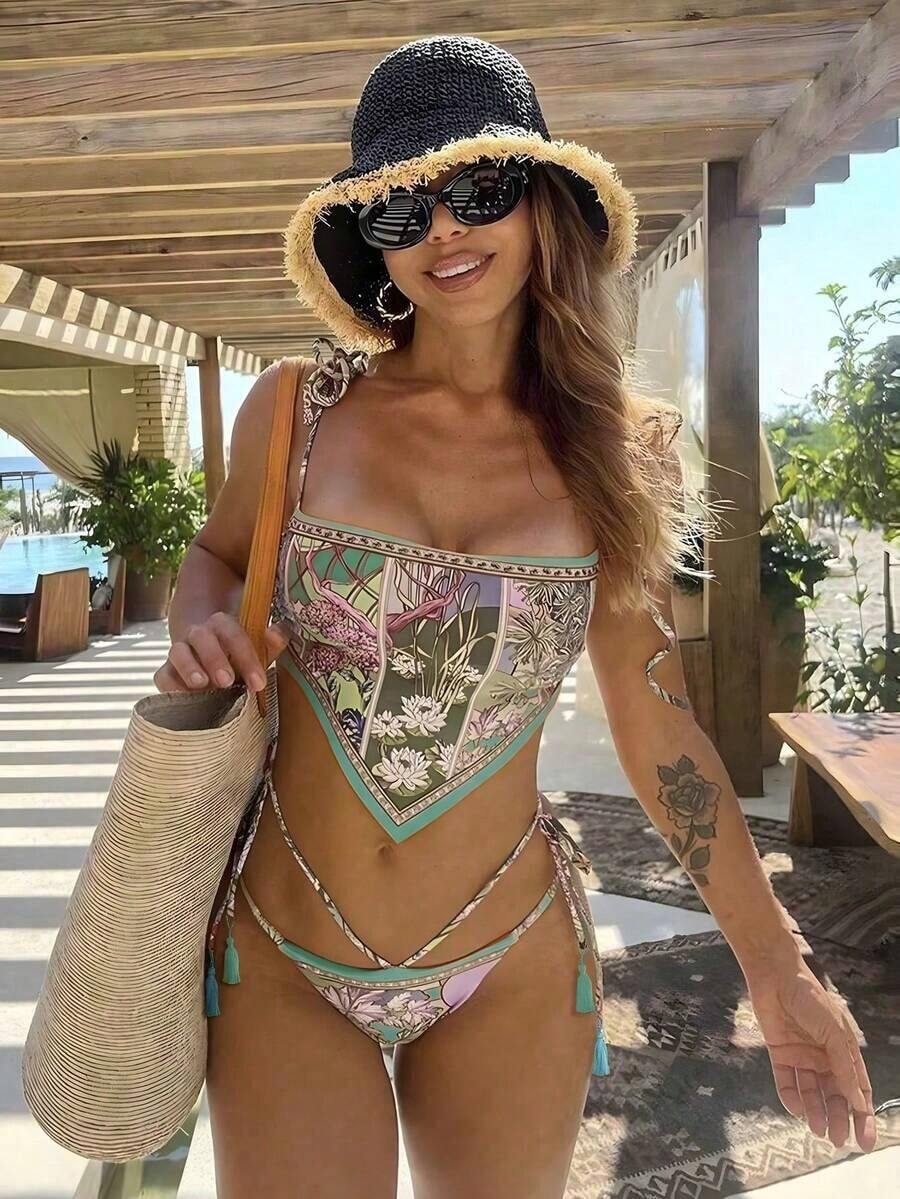 Nuevo traje de baño tipo bikini elegante y sexy con estampado floral verde en estilo bohemio con lazos, estampado floral vibrante con ribete en contraste, conjunto de bikini para fiesta en la playa y vacaciones - Multicolor 4 - Ver 1