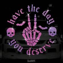 [Shining Silver/ Purple] 1pc "Have The Day You Deserve" Skeleton Hand & Skull Shape Creative Glittery Vinyl Sticker, Sparkling Bright Decal For Car, Truck, Motorcycle, Notebook, Window Glass, Hides Scratches, Super Easy To Paste & Remove, No Residue VWJP - Shining Silvery - View 8
