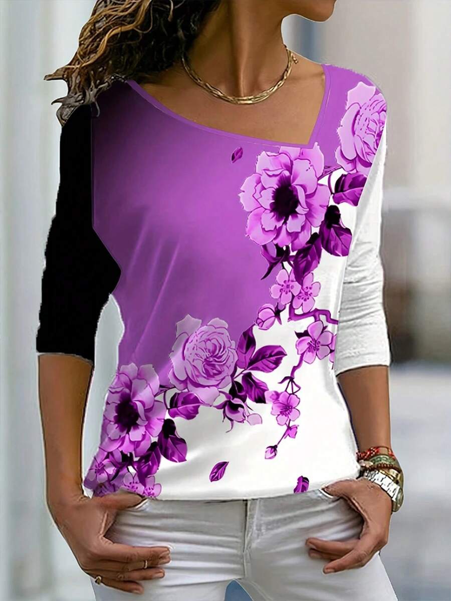 Camiseta de manga larga con cuello oblicuo para mujer, Camiseta holgada informal de poliéster con estampado, talla grande 3xl a 5xl, novedad de verano 2024 - Rosa - Ver 1