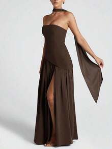 Vestido elegante y sexy de unicolor con abertura para fiesta, vacaciones y boda, color verde oscuro para primavera - Café integral - Ver 2