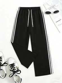 Women's Black Elastic Waist Striped Side Loose Wide Leg Sports Pants, Suitable For Daily Wear And Workout - Black - View 2