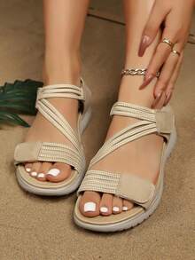 Cool Multi-Color Elastic Strap Thick Sole Sandals, Open Toe Hook And Loop Casual Versatile Comfortable Women's Shoes, Beach Vacation Non-Slip Casual Shoes, Middle-Aged Comfortable Non-Tiring Women's Shoes (Runs Half Size Large) - Khaki - View 6
