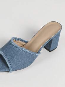 Women's Denim Trim Thick Sole Chunky Heel Mule Sandals, Fashion Denim Sandals - Blue - View 4